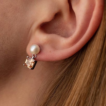 Золотые серьги - пусеты "Альма" (оранжевые фианиты, жемчуг) с08249 №2