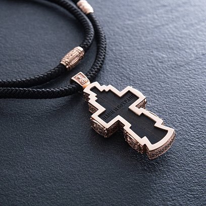 Чоловічий православний золотий хрест із ебенового дерева на шнурку кол02474 №3