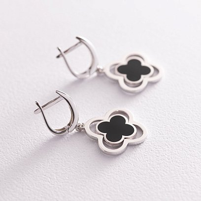 Серьги "Клевер" в белом золоте (эмаль) с07136 №3
