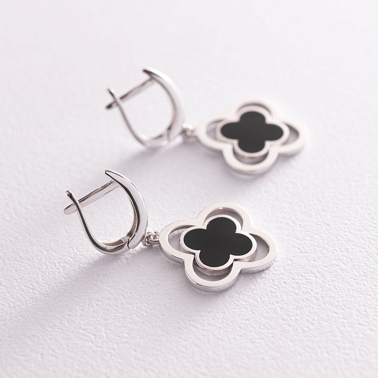 Серьги "Клевер" в белом золоте (эмаль) с07136 от ювелирного магазина Оникс - 3