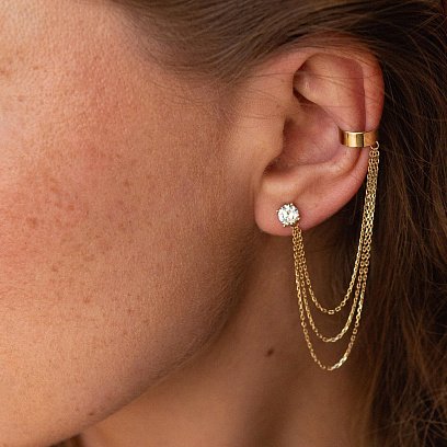 Серьга - каффа "Тринити" в желтом золоте с цепочками (фианит) с08041 №13