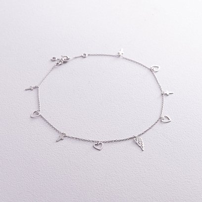 Браслет "Сердечки та хрестики" на ногу (біле золото) б04836