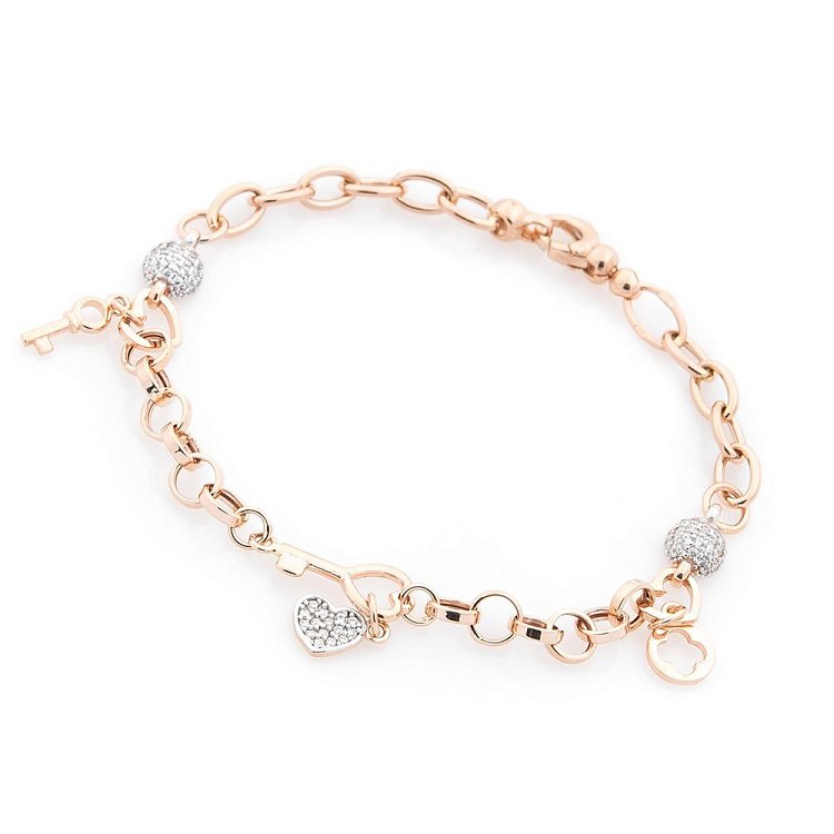 Золотой браслет "Сердечко и ключик" с фианитами б03312 от ювелирного магазина Оникс