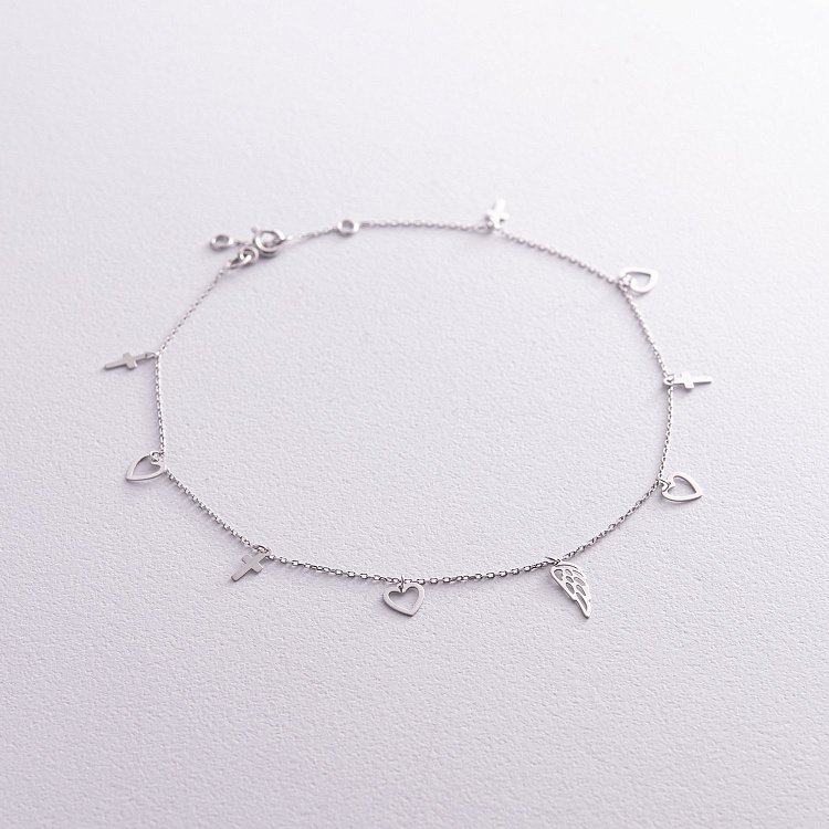 Браслет "Сердечки та хрестики" на ногу (біле золото) б04836 від ювелірного магазину Онікс
