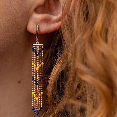 Патриотические серьги с цепочками в красном золоте (синяя и желтая эмаль) с08121 №4