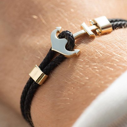 Кожаный браслет "Якорь" с золотой вставкой б02749 №5