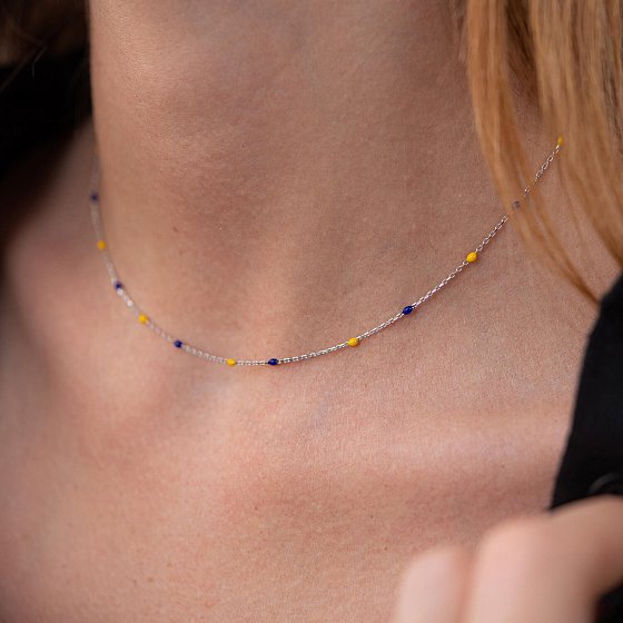Колье в белом золоте (синяя и желтая эмаль) кол02247 №5