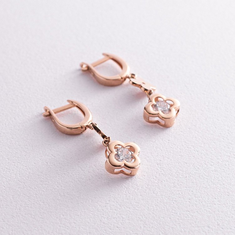 Золотые серьги "Клевер" с фианитами с04859 от ювелирного магазина Оникс - 2