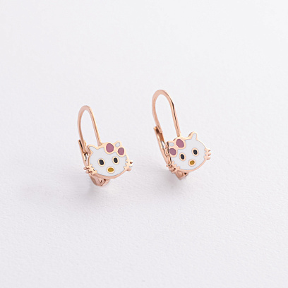 Детские золотые серьги "Hello Kitty" с эмалью с03379