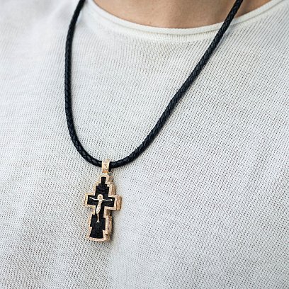 Чоловічий православний золотий хрест із ебенового дерева п0366 №2