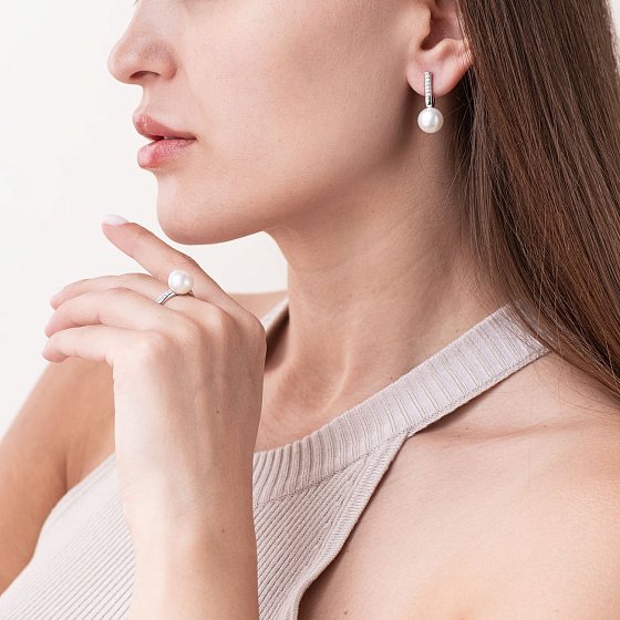Серебряное кольцо с жемчугом и фианитами 1801/1р-PWT №3
