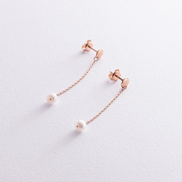 Серьги - пусеты "Жемчужина на цепочке" в красном золоте с08292 от ювелирного магазина Оникс - 3