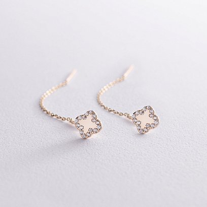 Сережки - протяжки "Конюшина" в жовтому золоті (фіаніти) с08158