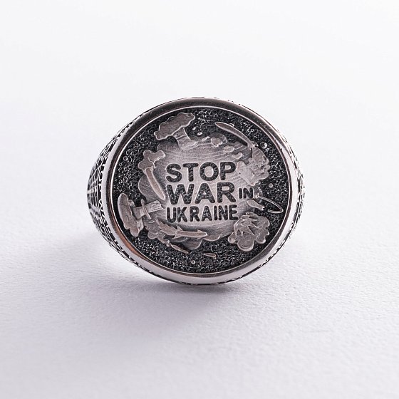 Мужская серебряная печатка "Stop war in Ukraine" 112723 №5