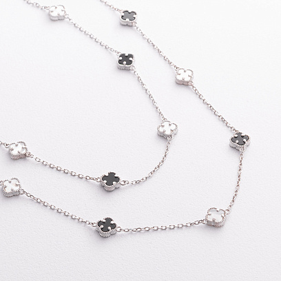 Срібне кольє "Конюшина" (онікс, перламутр) 181379