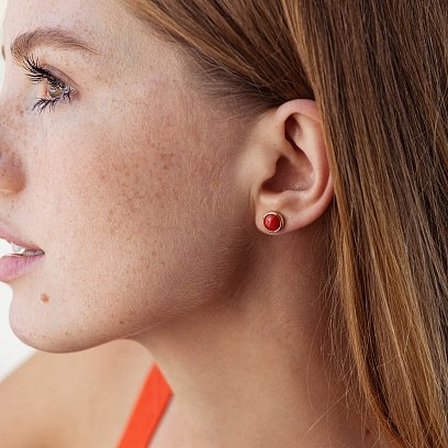 Сережки - пусети з коралом (жовте золото) с08677 №4