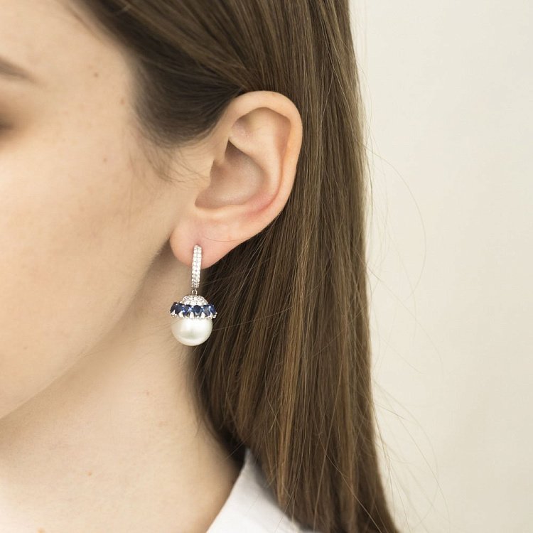 Золотые серьги (сапфир, бриллиант, жемчуг) сб0216kn от ювелирного магазина Оникс - 2