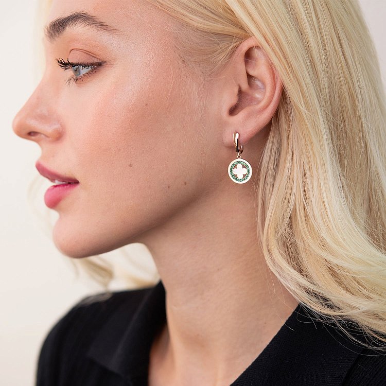 Серьги "Клевер" в красном золоте (зеленые фианиты) с07692 от ювелирного магазина Оникс - 1