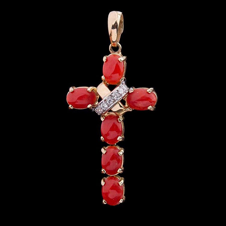 Золотой крестик с кораллом и фианитами п483 от ювелирного магазина Оникс - 3