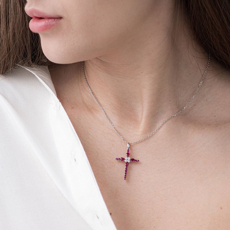 Золотий хрест з діамантами та рубінами МР8087Сgm від ювелірного магазину Онікс - 1