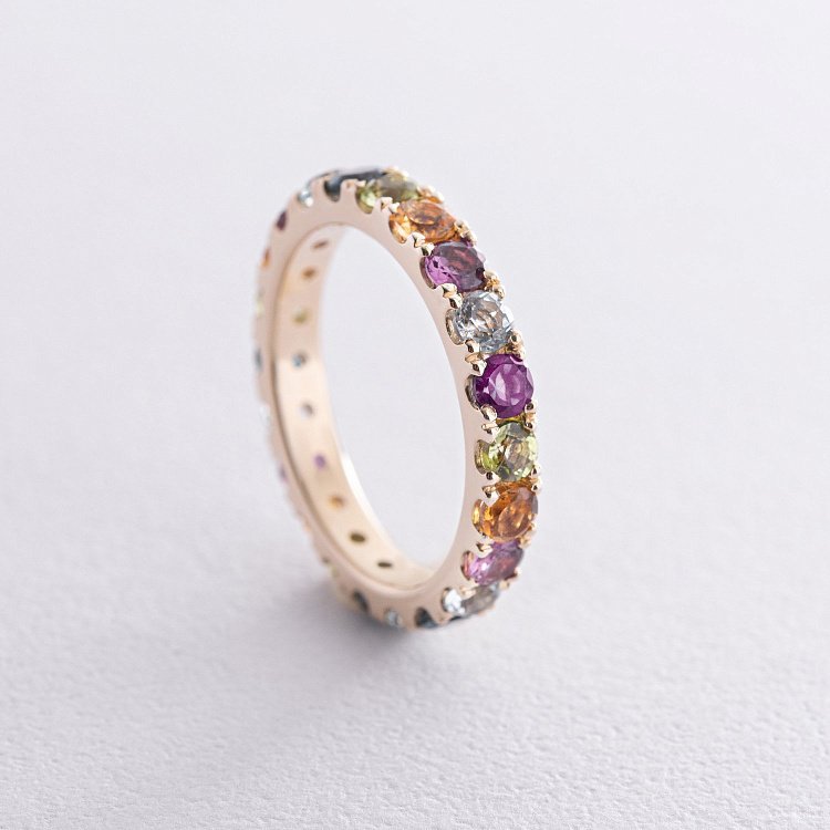 Золота каблучка з доріжкою різнокольорових натуральних каменів к07617 від ювелірного магазину Онікс - 9