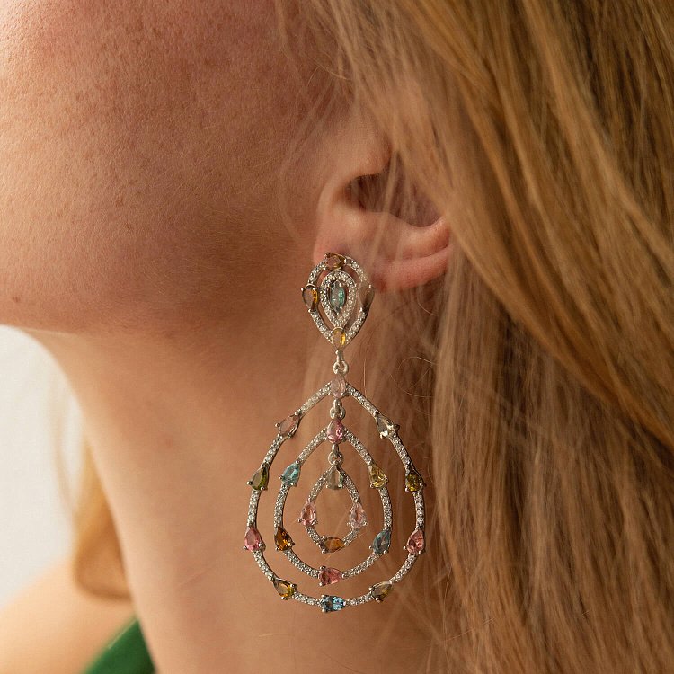 Серебряные серьги "Сальма" с разноцветными фианитами и турмалином 539 от ювелирного магазина Оникс - 3