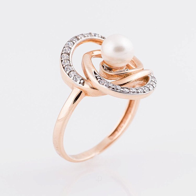 Золотое кольцо (культ. пресн. жемчуг,фианиты) к02597 от ювелирного магазина Оникс - 2