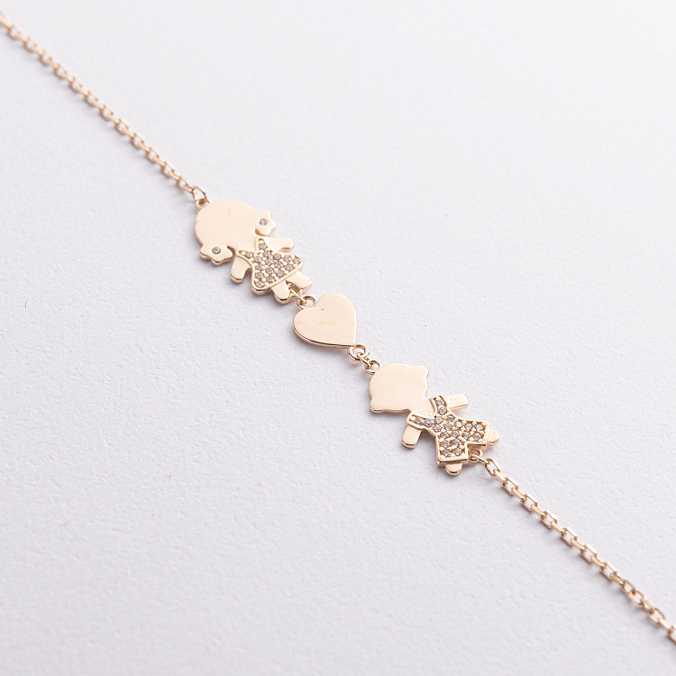 Браслет "Девочка, мальчик и сердечко" в желтом золоте (фианиты) б05655 от ювелирного магазина Оникс - 1