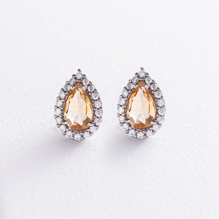 Срібні сережки - пусети "Крапельки" з цитрином і фіанітами GS-02-011-5410 від ювелірного магазину Онікс