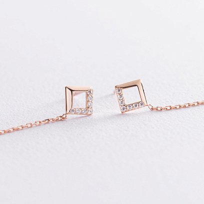 Золотые серьги "Ромбы" на цепочке (фианиты) с07268 №3