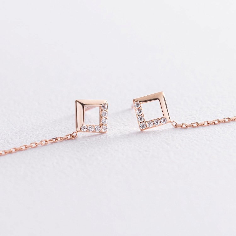 Золотые серьги "Ромбы" на цепочке (фианиты) с07268 от ювелирного магазина Оникс - 2