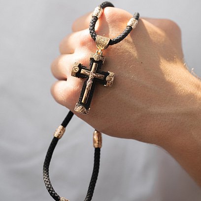 Чоловічий православний хрест з ебенового дерева та золота "Розп'яття. Спаси та Збережи" (на шнурку) кол02244 №9