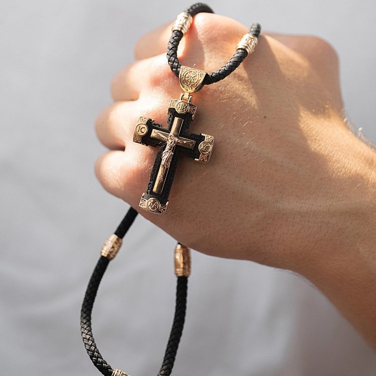 Чоловічий православний хрест з ебенового дерева та золота "Розп'яття. Спаси та Збережи" (на шнурку) кол02244 від ювелірного магазину Онікс - 8