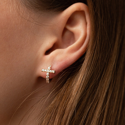 Серьги - кольца "Крестики" с фианитами (красное золото) с09195 №2