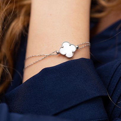 Срібний браслет "Конюшина" з перламутром 141629 №4