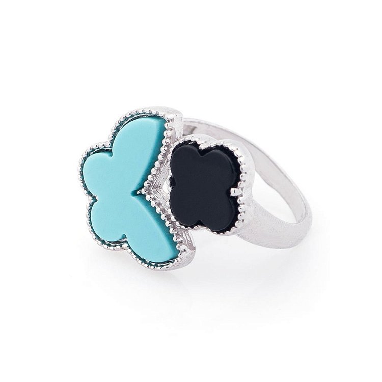 Каблучка "Конюшина і метелик" (ім. бірюза, онікс, родій) 111632 - 5 Каблучка "Конюшина і метелик" (ім. бірюза, онікс, родій) 111632 від ювелірного магазину Онікс - 5