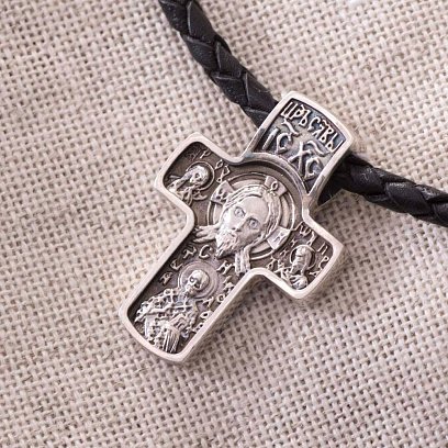 Срібний хрест "Спас Нерукотворний. Святитель Миколай. Покров Пресвятої Богородиці" з чорнінням 132402 №7