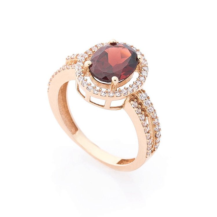 Золота каблучка з піропом і фіанітами к04652 від ювелірного магазину Онікс