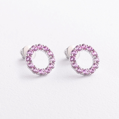 Серебряные серьги - пусеты с розовыми синтетическими сапфирами 2689/1р-PSPH