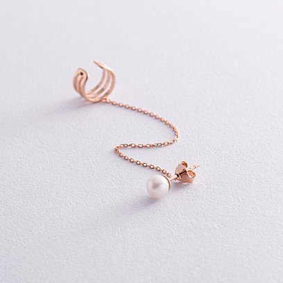 Серьга - каффа "Тринити" с жемчужиной (красное золото) с08261