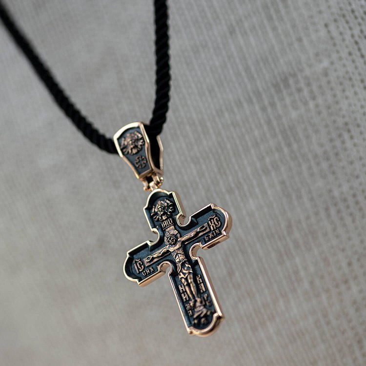 Православный золотой крест "Распятие Христово. Спас Нерукотворный. Икона Божией Матери знамение. Святитель Николай" п02699 от ювелирного магазина Оникс - 3