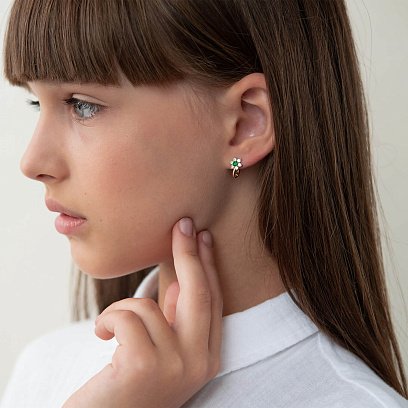 Дитячі золоті сережки "Квіточки" з фіанітами зеленими фіанітами с03612 №4