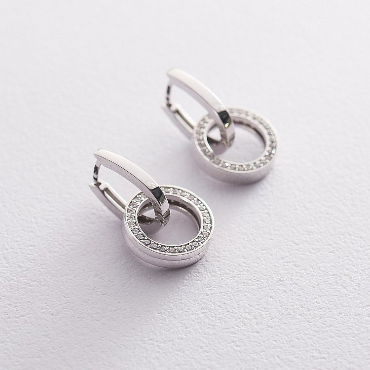 Серьги с кольцами в белом золоте (фианиты) с06519 от ювелирного магазина Оникс - 1