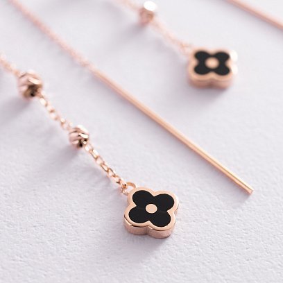 Золоті сережки - протяжки "Конюшина" (емаль) с07613 №3