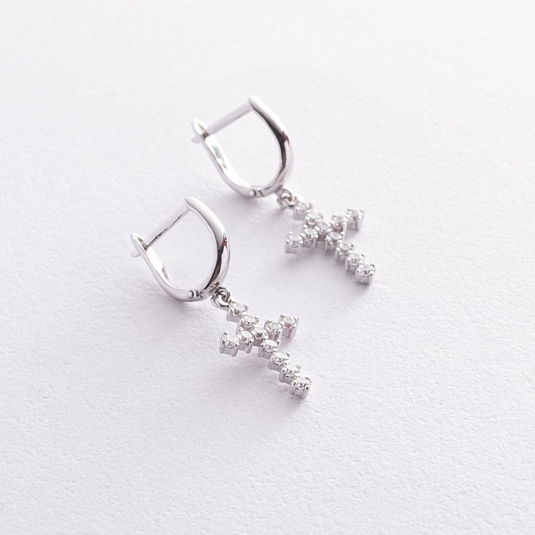 Серьги "Крестики" с фианитами (белое золото) с08568 от ювелирного магазина Оникс - 2