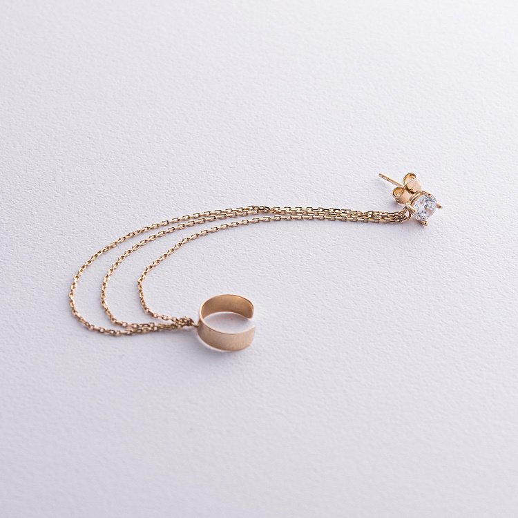 Сережка - каффа "Трініті" в жовтому золоті з ланцюжками (фіаніт) с08041 від ювелірного магазину Онікс - 9