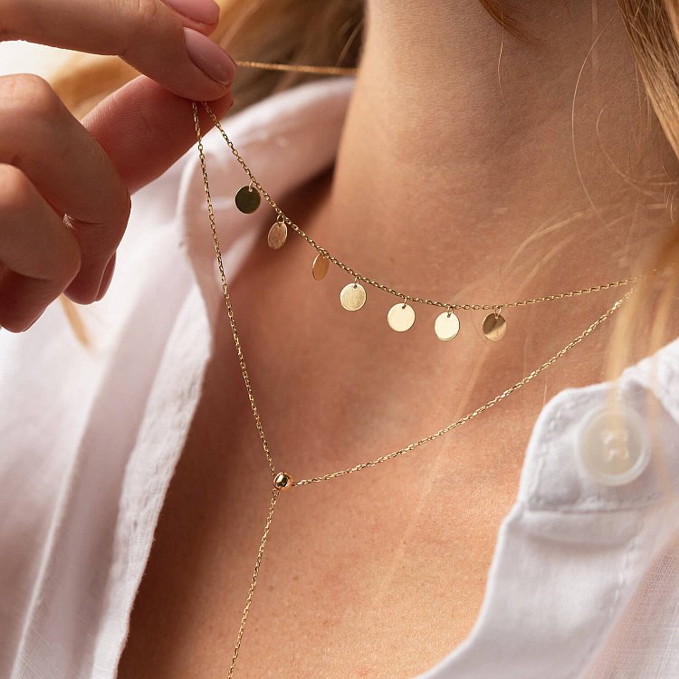 Подвійне кольє - краватка "Монетки" у жовтому золоті кол02285 від ювелірного магазину Онікс - 2