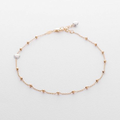 Золотой браслет на ногу с сердечками б04024