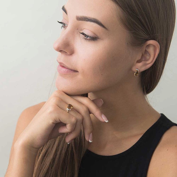 Золотые серьги с бриллиантами и  кварцем желто-коричневым с313 от ювелирного магазина Оникс - 4