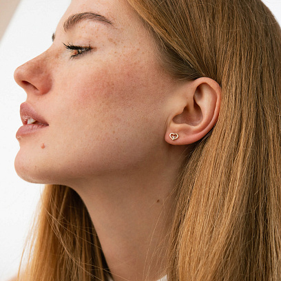 Серьги - пусеты "Сердечки" в красном золоте (фианиты) с08613 №2